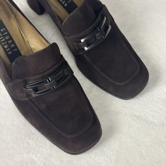 Stuart Weitzman Brown Suede Chain Link Pumps Block Heel Square Toe Womens Size 9 - Picture 2 of 12